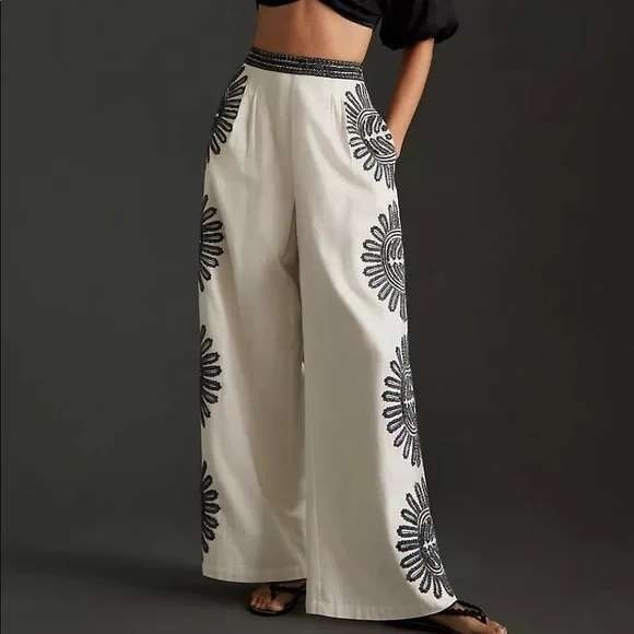 Anthropologie Ollari Cream Embellished Wide Leg Pants - Picture 4 of 16